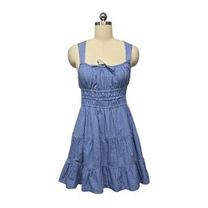 Sunday Best Blue Gingham Smocked Tiered Mini Dress Size Medium Cottagecore